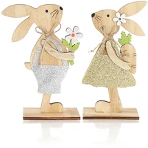 COM-FOUR 2X Deko-Aufsteller für Ostern - Osterhasen mit Blume und Karotte aus Holz - Hasen zum Hinstellen - Osterdekoration aus Holz (2 Stück - orange/gelb)