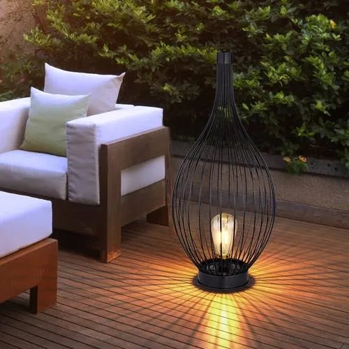 Solarleuchte Stehlampe Beistellleuchte Außenleuchte Terrassenlampe Balkon, IP44 Akku Metallstäbe gebogen schwarz amber, 1x LED warmweiß, DxH 25x57