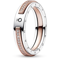 PANDORA Signature Bicolor Logo & Pavé Ring aus Sterlingsilber mit rosévergoldete Metalllegierung und Zirkonia, Gr. 56,