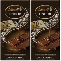 Lindt Schokolade | LINDOR Tafel 70% | 100g | feinherbe Schokolade mit einer unendlich zartschmelzenden Füllung | Schokoladen-Tafel (Packung mit 2)