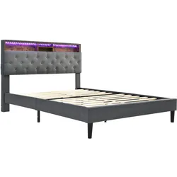 Merax LED Doppelbett 140x200 Polsterbett aus Leinen mit Stauraum-Kopfteil & Lattenrost aus Holz Grau