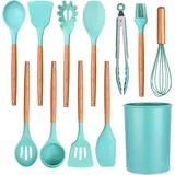 Küchenhelfer-set, Silikon, 12-teiliges Kochutensilien-set Mit Halterung, Küchenhelfer Mit Holzgriff, Antihaftbeschichtet Und Hitzebeständig, Küchenhelfer Und Spatel