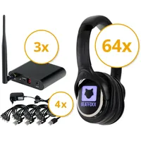 Beatfoxx SCPS-643 USB-C Silent Disco V2 Party Set mit 64 Kopfhörern & 3 Sendern Funk-Kopfhörer (Wireless Stereo Kopfhörer für Silent Disco-Anwendungen, UHF-Technik, 3 empfangbare Kanäle) schwarz