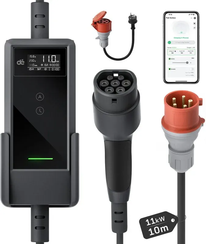 dé Mobile Wallbox 11kW mit APP 10m 3-phasig 6–16A Einstellbarer Ladeleistung CEE-16A 400V auf Typ 2 Ladekabel EV Ladegerät für alle BEV/PHEV