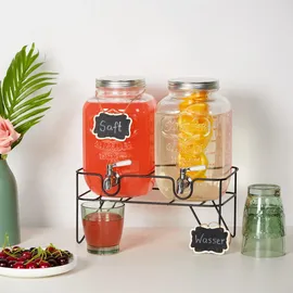 Relaxdays Getränkespender mit Ständer, 2 Limobehälter je 4L, Zapfhahn aus Edelstahl, Glas Wasserspender, transparent