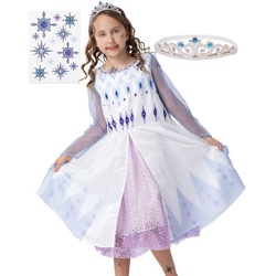 Corimori Prinzessin-Kostüm Prinzessinnen-Kostüm Set für Elsa Fans, Kinder, Mit Eiskönigin Diadem, Tattoo-Bogen für Mädchen, Karneval, Fasching blau|weiß Konfektionsgröße 140/146