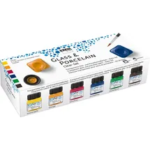 Kreul Clear 6 x 20 ml in Sonnengelb, Orange, Kirschrot, Dunkelblau, Dunkelgrün, Espressobraun, 1 Pinsel