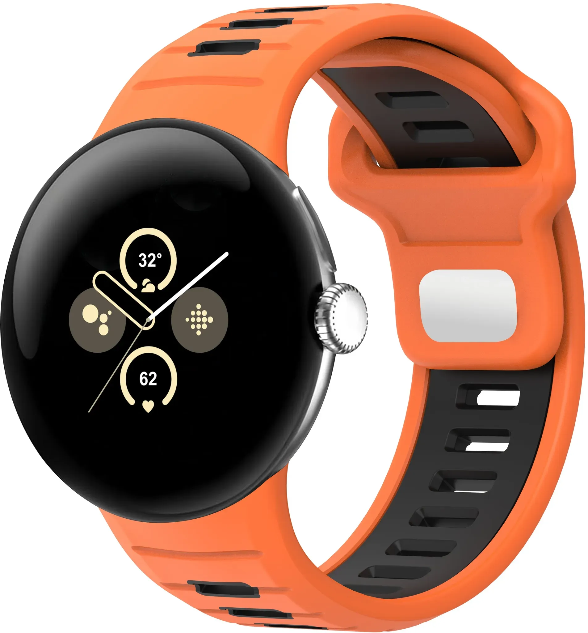 Strap-it Google Pixel Watch 4 (45mm) Armband Silikon 'Sport' für Google Pixel Watch 4  - 45mm - Orange/Schwarz - Druckknopf Verschluss