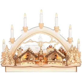 Brubaker 3D Lichterbogen - Schwibbogen mit LED Kerzen - Weihnachtsmarkt - Weihnachtsbeleuchtung aus Holz - 31 x 41 x 11 cm Handbemalte Weihnachtsdeko - Braun/Weiß