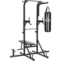 Homcom Kraftstation mit Klimmzugstange, Multifunktionale Dip-Station, Trainings-Gerät für Zuhause, mit Boxsack, Fitness, Stahl, Schwarz, 180 x 183 x 219 cm