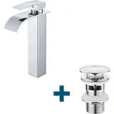 Auralum - Waschtischarmatur Hoch Wasserfall Wasserhahn + Ablaufgarnitur mit Überlauf, Wasserhahn Bad mit Pop Up, Chrom