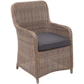 Mendler 2er-Set Poly-Rattan Stuhl HWC-E98, Rattanstuhl Gartenstuhl Korbsessel, Spun Poly halbrundes Rattan beige Kissen grau