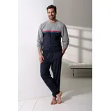 LE JOGGER le jogger® Pyjama, (2 tlg., 1 Stück), Schlafanzug in langer Form mit kontrastfarbenen Streifen le jogger® grau-meliert-blau