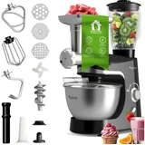 TurboTronic by Z-Line Küchenmaschine mit Fleischwolf & Standmixer-Aufsatz 1,5L Glas-Behälter Knetmaschine, 2000 W, 5 l Schüssel, Edelstahl-Rührschüssel Rührmaschine Rührhaken Knethaken Schneebesen schwarz