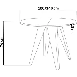WFL GROUP Esstisch Glory im Industriestil - Modern, Rund - Ausziehbar von 100 cm bis 140 cm, Pulverbeschichtete Metallbeine - Lancelot Eiche