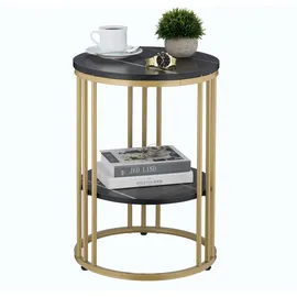 Relaxdays Beistelltisch Marmoroptik, 2 Ablagen, für Wohnzimmer, Metall & MDF, Sofatisch rund, HxD 56x40 cm, schwarz/gold