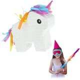 Relaxdays Mini-Pinata Einhorn, zum Befüllen, Geburtstag Mädchen, zum Aufhängen, HBT 25x24x7 cm, Regenbogen, Kinder, bunt