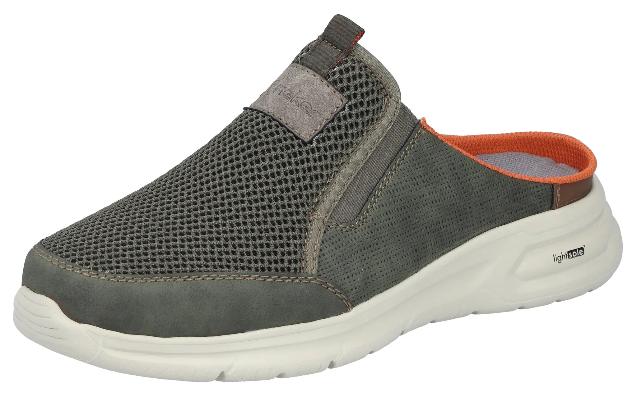 Clog RIEKER, Herren, Gr. 42, grün (khaki), Lederimitat, Textil, kontrastfarbene Details, used, Schuhe Clog, Sommerschuh, Hausschuh, Schlupfschuh mit seitlichen Stretcheinsätzen