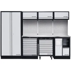 Kraftwerk 4-Element-Schrankwand mit Vierkantlochwand Länge 2955 mm Inox-Arbeitsplatte