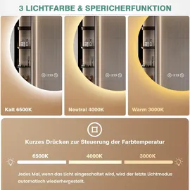 pesenxan Runder Spiegel mit Beleuchtung 60cm 3 Lichtfarben Silber