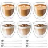 Latte Macchiato Gläser Doppelwandig Espressotassen Set: 6 x 80ml Doppelwandige Gläser mit 6 Löffeln, Cappuccino Tassen Kaffeegläser Kaffeetassen Eiskaffee Glas Thermogläser Kaffeebecher