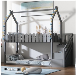Mia&Coco Kinderbett Deluxe Hausbett mit 3 Treppe, mit 2 Schubladen, mit Zaun, Etagenbett, Kinderbett, Grau grau