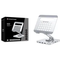 Conceptronic DONN26G Tablet-Ständer mit 8-in-1-Dockingstation, 360° drehbare Basis, faltbar, höhenverstellbar