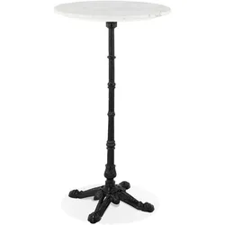 Runder Stehtisch Ø 60, 112 cm hoch, weißer Marmoroptik-Stein, schwarzer Gusseisenfuß, rustikal | Kadima Design