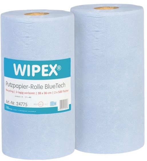 2er-Pack Papier-Putztuchrolle »BlueTech« blau 2-lagig 38 x 36 cm (2 x 500 Blatt) blau, WIPEX, 38 cm