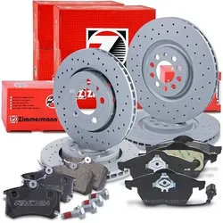 Zimmermann Sport-Bremsscheiben +Bremsbeläge vorne+hinten für Audi, Seat, Skoda, VW