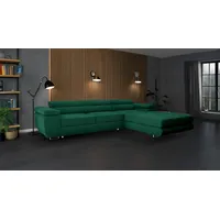 Goldstoff Ecksofa mit Schlaffunktion und Bettkasten, Designer Schlafsofa mit Bettkasten, Big Sofa - VENUS TWIN, Couch mit verstellbaren Kopfstützen in dunkelgrün grün