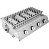 Gojoy Silber Gasbräter Gasgrill, 4 Brenner BBQ Tischgrill Edelstahl Gastrobräter lpg Gas Grills Höhenverstellbar Abnehmbarer Grill, für Camping Balkon Garten