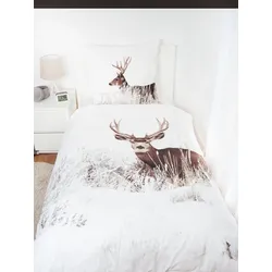 Flanell Bettwäsche Set Winterlandschaft Hirsch 2tlg. Biber 155x220 cm Übergröße