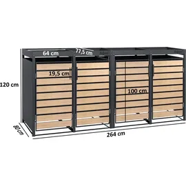 Zelsius Mülltonnenbox 4 er mit Pflanzdach für 4 Tonnen, 120 - 240 Liter, Anthrazit RAL 7016, Tür in Holzoptik - 2 Jahre Gewährleistung | mind. 14 Tage Rückgaberecht | Müllbox, Aufbewahrungsbox für Mülltonnen