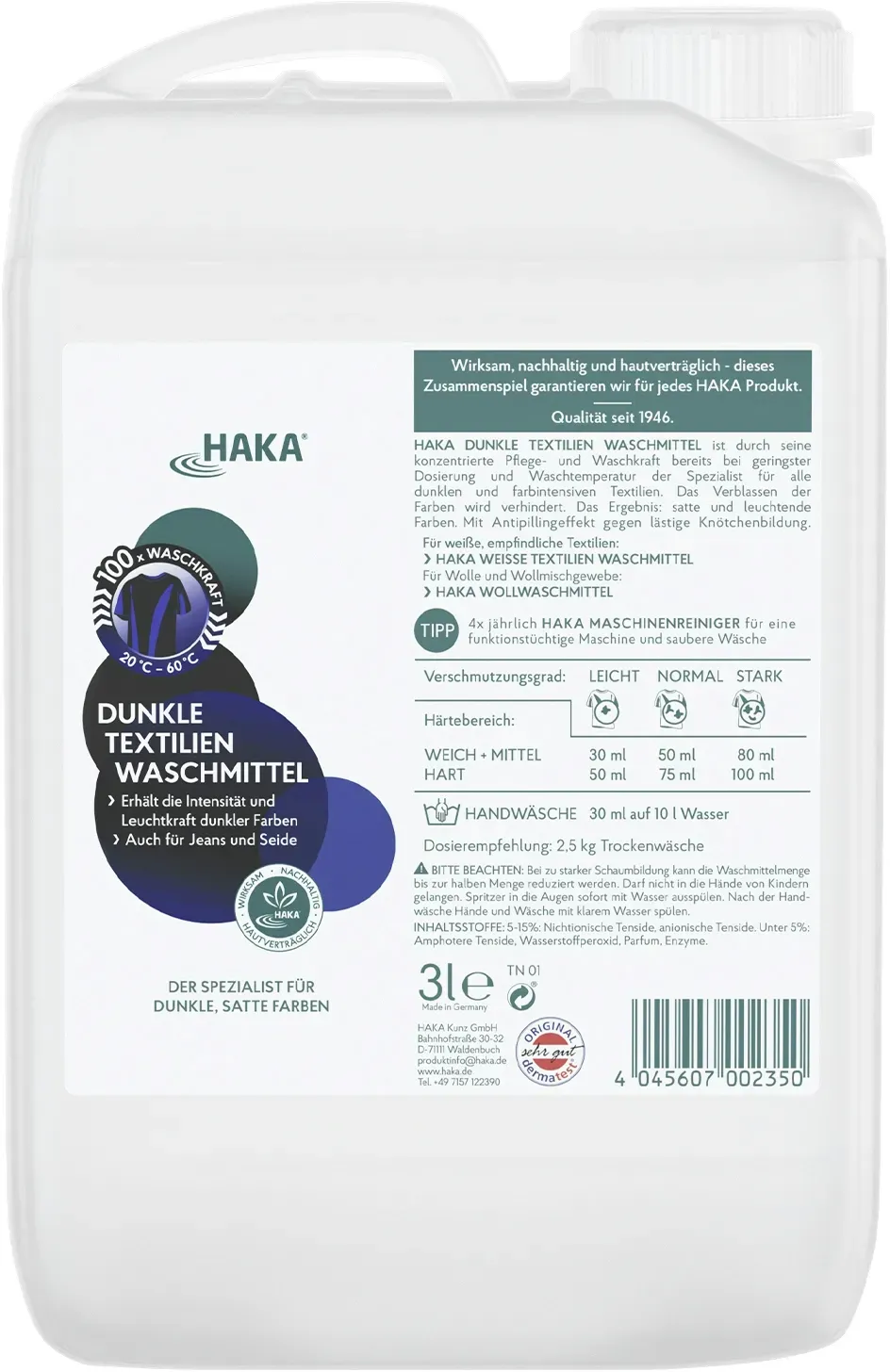HAKA Dunkle Textilien Waschmittel 3l Flüssigwaschmittel für Jeans, dunkle Wäsche