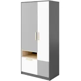 Mirjan24 Kleiderschrank Pok PO02 mit Kleiderstange und Schublade, Drehtürenschrank für Jugendzimmer (Graphit/Buche Ibsen/Hellgrau/Weiß)
