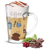Sendez Latte-Macchiato-Glas 6 Latte Macchiato Gläser 300ml Kaffeegläser Teeglas mit buntem Kaffee-Aufdruck, Glas bunt