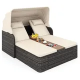 COSTWAY Doppelliege Polyrattan für 2 Personen, Gartenliege mit Dach, verstellbaren Rückenlehnen, Auflage & mittlerem Tisch, Sonnenliege Loungebett - Beige/Braun