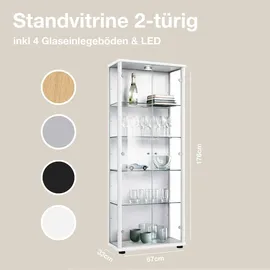 K-Möbel Glasvitrine in Weiss (176x67x33 cm) mit 4 höhenverstellbaren Glasböden & LED - Modellauto Vitrine Weiß - Vitrinenschrank Weiss Sammlervitrine