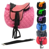 Marengos - Holzpferd Sattel Set | Sattel für Holzpferd mit Sattelgurt, Schabracke, Steigbügel & -Riemen | Sattel aus Kunstleder | Sattel-Typ Beginner in pink | Größe 12"