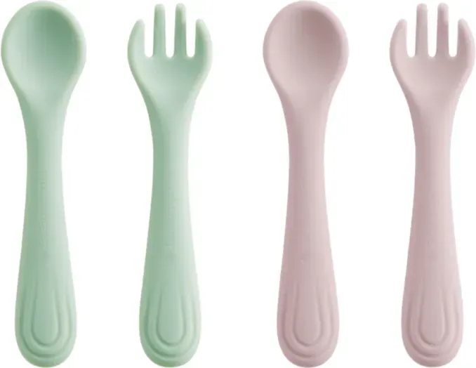 Bc Babycare Silikon-Gabel und -Löffel, 2 Stück, BPA-frei, Pink + Grün