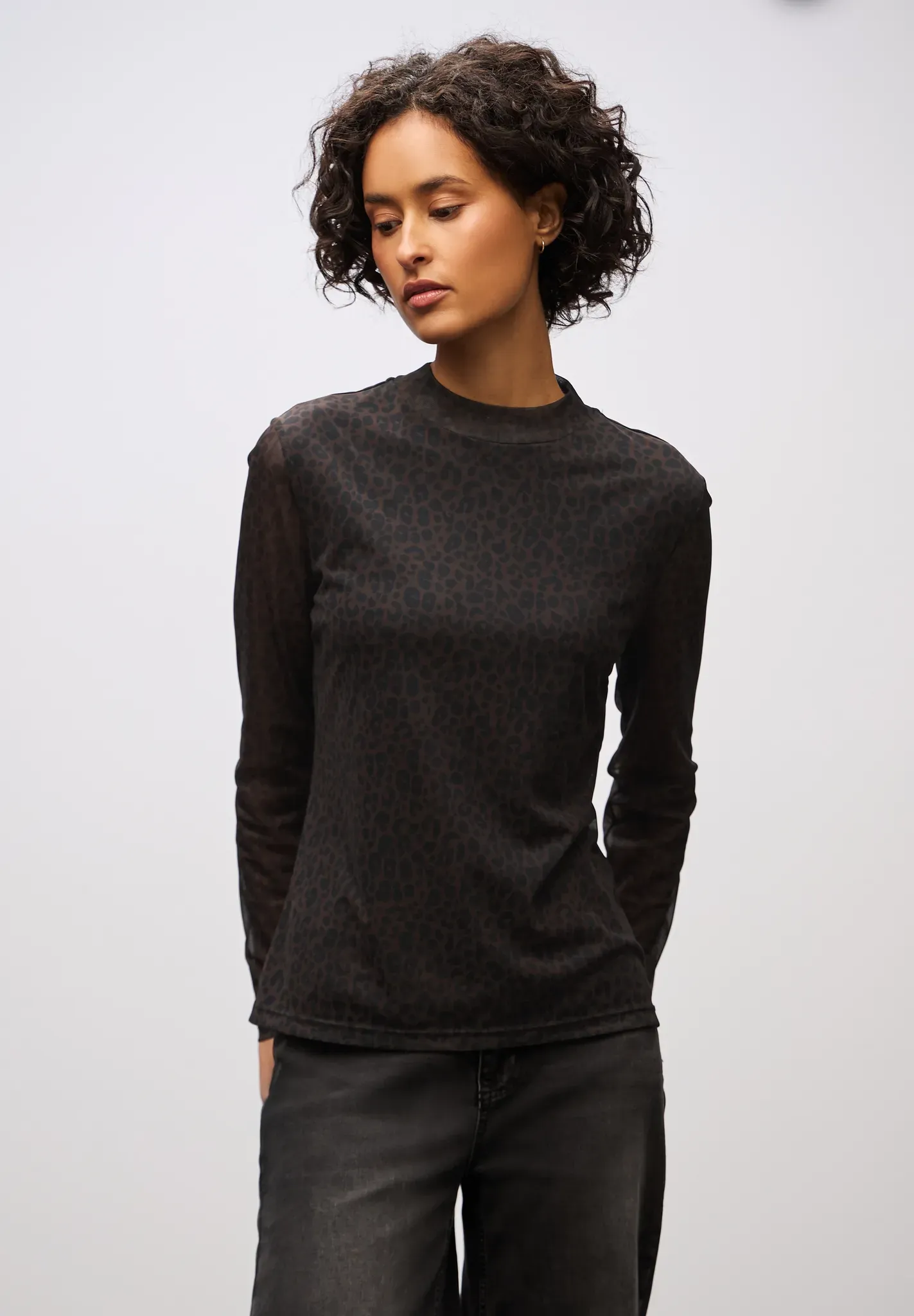 Langarmshirt STREET ONE, Damen, Gr. 34, schwarzest braun, Jersey, Obermaterial: 95% Polyester, 5% Elasthan. Futter: 100% Viskose, normal hüftbedeckend, Rundhals, Shirts Langarmshirt, in transparenter Mesh-Qualität und Leo-Muster