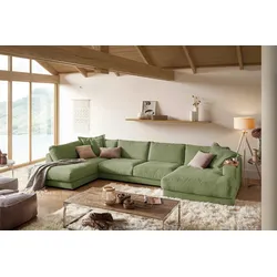 KAWOLA Sofa MADELINE Wohnlandschaft U-Form Cord olivgrün Longchair rechts