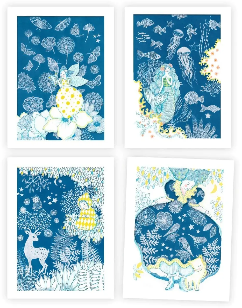 Djeco Cyanotypie Lichtdruckset Bastelset für Kinder 21x28 cm Blau/Weiß, Papier, Plexiglas - 8 Bögen, 85 Schablonen, ab 7 J.