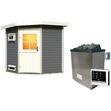 Woodfeeling Karibu Gartensauna Pultdach Saunahaus Pekka mit Eckeinstieg terragrau Klassische Saunatür (Klarglas) 9 kW Ofen inkl. Steuergerät inkl. 8-teiligem gratis Zubehörpaket (Gesamtwert 191,92€)