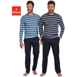 Pyjama AUTHENTIC LE JOGGER, Herren, Gr. 48/50 (M), blau (navy, petrol), Jersey, Obermaterial: 100% Baumwolle, gestreift, unifarben, Basic, normal lang, Rundhals, Langarm abgesteppte Kante, Homewear-Sets, Schlafanzug mit gestreiften Oberteilen