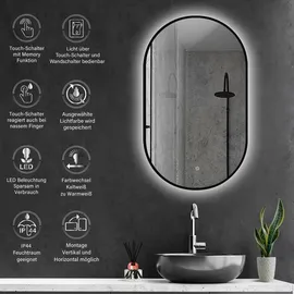 PonteSino HOKO Badspiegel LED 45x75 cm Wandspiegel Oval+Rahmen+LED Wechsel Warmweiß-Kaltweiß-Neutral 2700-6500K+Touch Schalter+Memory-Funktion. Turin - Schwarz