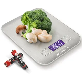 PORTENTUM Küchenwaage digital 5kg. mit großem LCD-Display, Digitalwaage, Briefwaage mit Großer Edelstahl Wiegefläche, Flüssigkeitsmessung, hohe Präzision auf bis zu 1g, Tara-Funktion, Silber