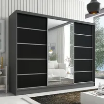 mebloland Schwebetürenschrank Aurelia 1 , 3-türig Schrank 200 cm mit Spiegel - Grau/Schwarz