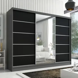 mebloland Schwebetürenschrank Aurelia 1 , 3-türig Schrank 200 cm mit Spiegel - Grau/Schwarz